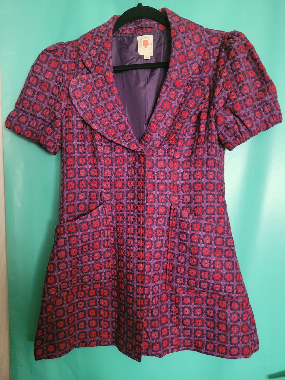 Tulle Vintage Purple & Pink Patterned Short-Sleeve Pea Coat